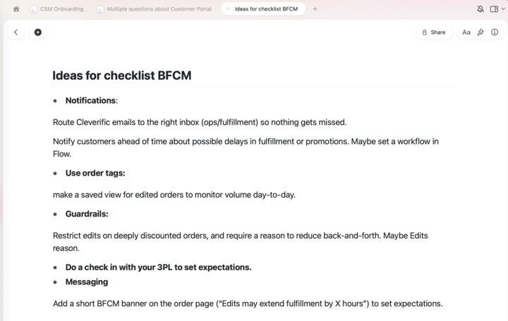 Person C's structured typed notes — bold headers, complete sentences